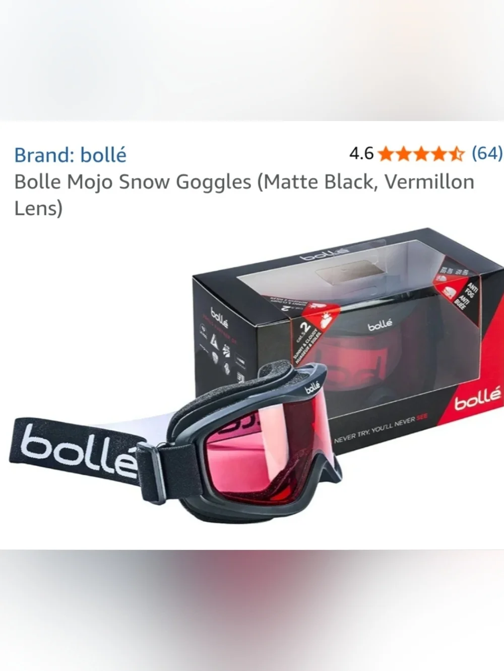 Bolle Mojo Snow Goggles - Shiny Black Frame with Vermilion Lens